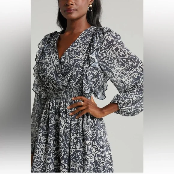 Sam Edelman Navy Wallpaper Paisley Smocked Waist Long Sleeve Dress NwT - Picture 5 of 6